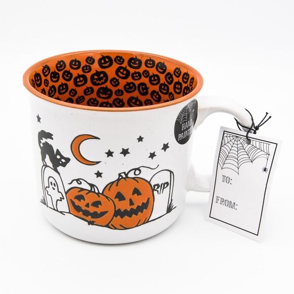 Halloween Pumpkin Mug, 23oz White Ceramic Mug w/ Black Cat Graveyard Design, New - Picture 10 of 10